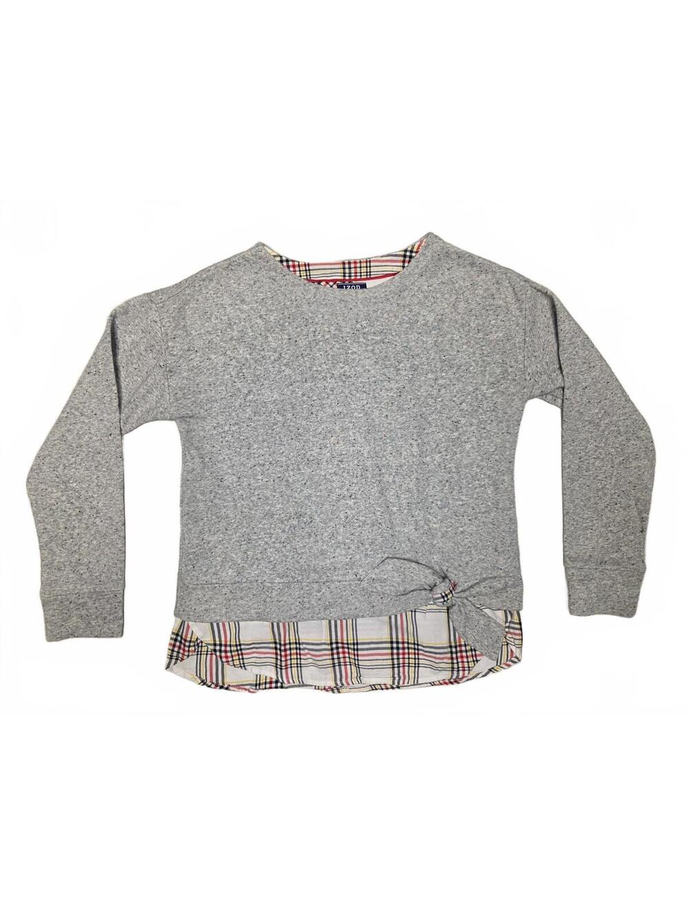 IZOD Grey Marled Plaid Hem Crew Neck Sweatshirt Side Knot Top Womens Size S P
